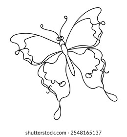 Continuous line butterfly art. Outline single art butterfly hand drawn sketch element on white background. Concept spring nature, fly. Vector Illustration