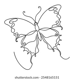 Continuous line butterfly art. Outline single art butterfly hand drawn sketch element on white background. Concept spring nature, fly. Vector Illustration