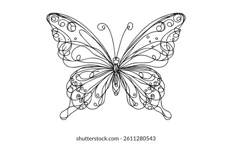 Continuous line butterfly art. Outline single art butterfly hand drawn sketch element on white background. Concept spring nature, fly. Vector Illustration