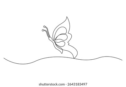 Continuous line butterfly art. Outline single art butterfly hand drawn sketch element on white background. Concept spring nature, fly.