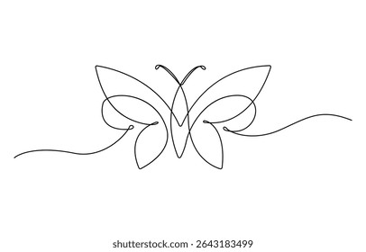 Continuous line butterfly art. Outline single art butterfly hand drawn sketch element on white background. Concept spring nature, fly.