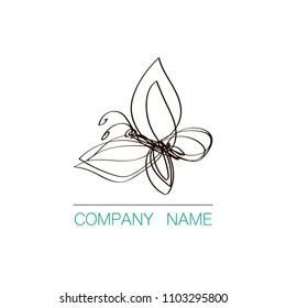 Continuous line butterfly logo design. Hand drawn vector emblem.