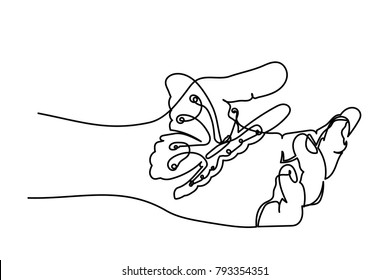 continuous line. Butterfly on the palm of the hand. Preservation of the sprouts. Eco. Drawing by hand. copy space. business card, logo, icon