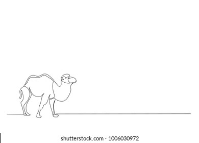 continuous line. The camel is walking in the desert. Drawing by hand with a black line on a white background.