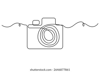 Continuous line camera icon drawing in modern vector style on white background for photography concept
