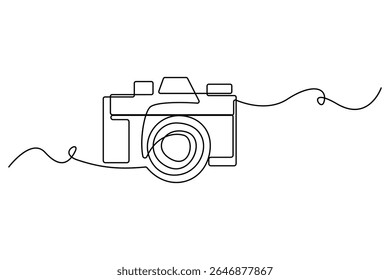 Continuous line camera icon drawing in modern vector style on white background for photography concept
