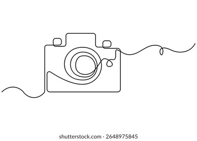 Continuous line camera icon drawing in modern vector style on white background for photography concept
