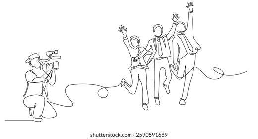 continuous line of cameraman taking video of businessman jumping.successful businessman,group of happy businessmen jumping.single line vector illustration.isolated white background