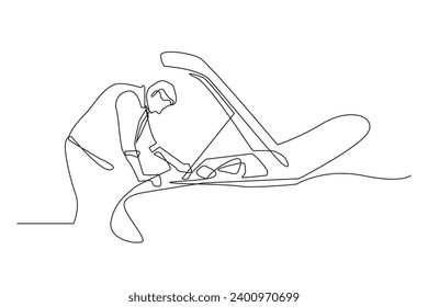 continuous line of car damage.vector single line of driver checking car damage.opening car hood.isolated white background