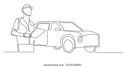 continuous line of car inspection services.one line drawing of man standing with helmet and notepad with car background.single line vector illustration