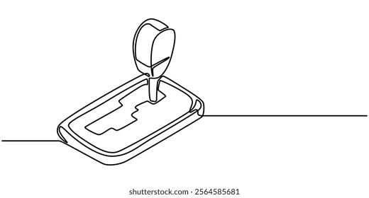 continuous line of car manual transmission.drawing of one line icon of transmission stick on car.isolated white background, Gear box icon Vector outline, Gearshift icon Simple outline vector logo.