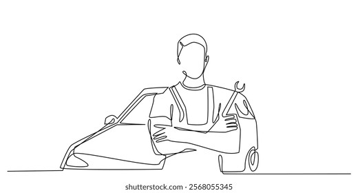 continuous line of car repairman.one line drawing of standing man carrying wrench with car background.car repair business sign.simple single line vector illustration