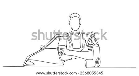 continuous line of car repairman.one line drawing of standing man carrying wrench with car background.car repair business sign.simple single line vector illustration