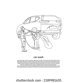 Continuous Line Of Car Washing. Line Art Of People Washing Cars