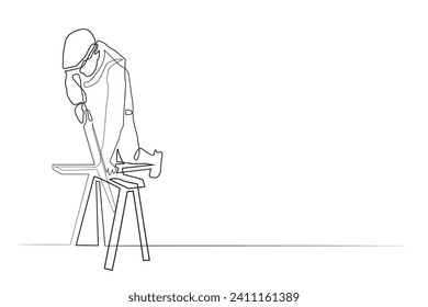 continuous line carpenter.carpenter profession.single line vector sawing wood .isolated white background