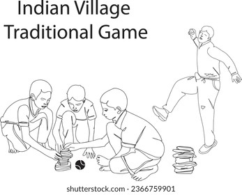 Viñeta de dibujos animados de línea continua del juego de aldea indio Pittu - arte de clips vectoriales, juego tradicional de aldea india Pittu - dibujo de esbozos dibujados a mano, silueta de juego de Pittu 