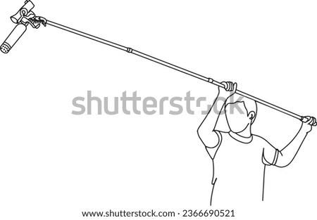 Continuous Line Cartoon Doodle of Man with Boom Microphone - Vector Clip Art, Movie Production Sound Engineer - Hand-Drawn Sketch Illustration, Boom Operator Holding Microphone