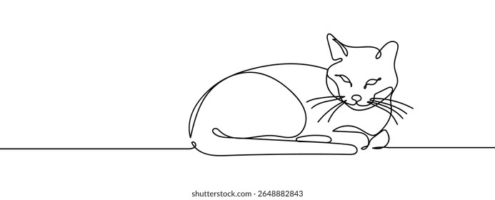 Continuous line, cat is curled up sleeping. Minimal hand drawn line vector cut out background.
