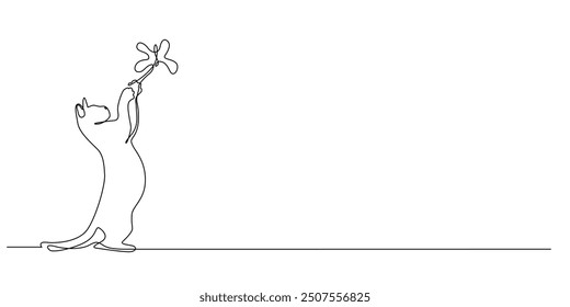 continuous line of a cat playing with a butterfly.one line drawing of a cat playing in the garden, catching butterflies.single line vector illustration of a healthy cat likes to play.editable stroke.