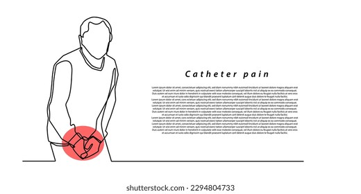 continuous line of catheter pain disease.bladder tract disease.man feeling pain in urethra.single line vector