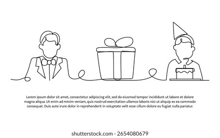 Continuous line celebrating birthday. Single line decorative element drawn on white.