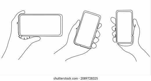 
continuous line Cell phone in hand front view. Sketch of human hand holding blank smartphone. vector