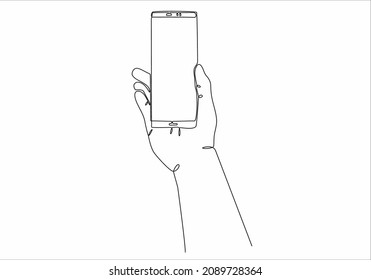
línea continua Teléfono móvil en la vista frontal de la mano. Esbozo de la mano humana sosteniendo un smartphone en blanco. vector
