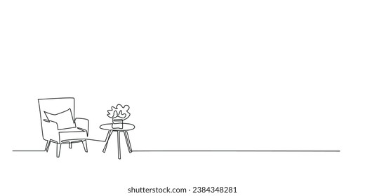 línea continua de sillas y mesa de florero.sala de estar de una sola línea en el interior.silla uno al lado del otro con mesa de florero.fondo blanco aislado