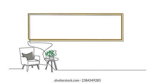 línea continua de sillas, mesa, florero y pintura.interiorismo de una sola línea de salón.silla contigua a la mesa, florero y pintura.fondo blanco aislado