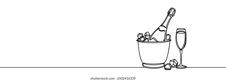 continuous line Champagne bottle Wine Bucket Alcoholic drink and glass. one line drawing on white background