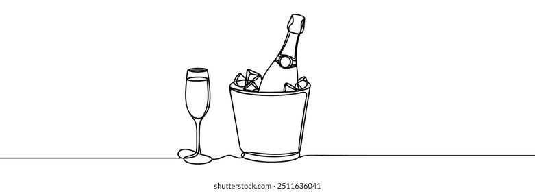continuous line Champagne bottle Wine Bucket Alcoholic drink and glass. one line drawing on white background.
