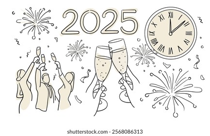 Continuous line champagne cheers 2025 one line art, continuous drawing contour. Hands toasting with wine glasses with drinks. Cheers toast festive decoration for holidays. Vector illustration