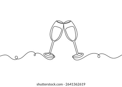 Continuous line champagne cheers clinking glasses art