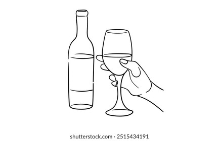 Línea continua de champán aplausos, contorno de dibujo continuo. Tostado a mano con copas de vino con bebidas. Brindis por la decoración festiva para las vacaciones. Ilustración vectorial	