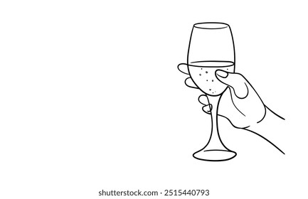 Línea continua de champán aplausos, contorno de dibujo continuo. Tostado a mano con copas de vino con bebidas. Brindis por la decoración festiva para las vacaciones. Ilustración vectorial	