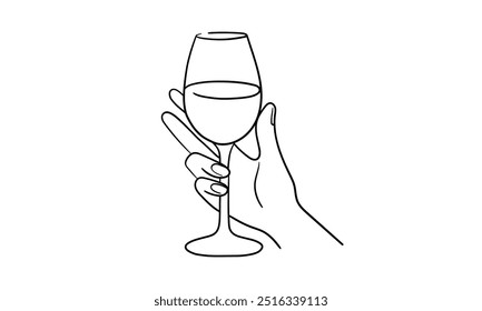 Línea continua de champán aplausos, contorno de dibujo continuo. Tostado a mano con copas de vino. Brindis por la decoración festiva para las vacaciones. Ilustración vectorial	