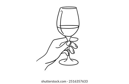 Línea continua de champán aplausos, contorno de dibujo continuo. Tostado a mano con copas de vino. Brindis por la decoración festiva para las vacaciones. Ilustración vectorial	