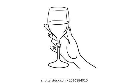 Línea continua de champán aplausos, contorno de dibujo continuo. Tostado a mano con copas de vino. Brindis por la decoración festiva para las vacaciones. Ilustración vectorial	