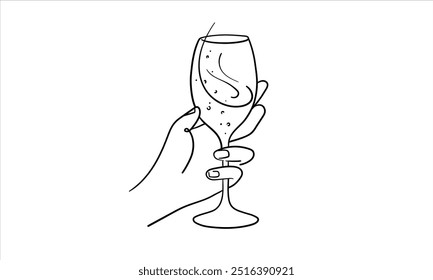 Línea continua de champán aplausos, contorno de dibujo continuo. Tostado a mano con copas de vino. Brindis por la decoración festiva para las vacaciones. Ilustración vectorial	