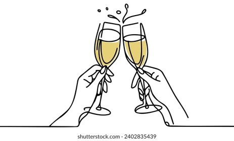 Continuous line champagne cheers. Hands toasting with wine glasses with drinks. Linear people celebrate christmas or birthday vector concept