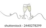 Continuous line champagne cheers one line art, continuous drawing contour. Hands toasting with yellow wine glasses with drinks. Wedding cheers toast festive decoration for holidays. 