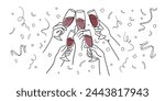 Continuous line champagne cheers one line art, continuous drawing contour. 5 hands toasting with red wine glasses with drinks. Cheers toast festive decoration for holidays. Vector illustration