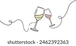 Continuous line champagne cheers one line art, continuous drawing contour.Toasting with wine glasses with drinks. Cheers toast festive decoration for holidays. Vector illustration	