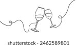 Continuous line champagne cheers one line art, continuous drawing contour. Hands toasting with wine glasses with drinks. Cheers toast festive decoration for holidays. Vector illustration	