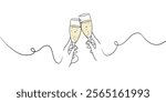 Continuous line champagne cheers one line art, continuous drawing contour. Hands toasting with wine glasses with drinks. Cheers toast festive decoration for holidays. Vector illustration	