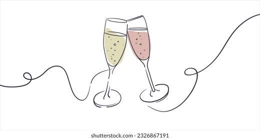 Continuous line champagne cheers one line art, continuous drawing contour. Cheers toast festive decoration for holidays. Vector illustration