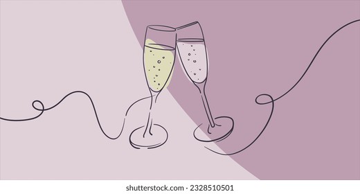 Continuous line champagne cheers one line art, continuous drawing contour. Cheers toast festive decoration for holidays on pink background. Vector illustration