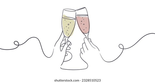 Continuous line champagne cheers one line art, continuous drawing contour. Hands toasting with wine glasses with drinks. Cheers toast festive decoration for holidays. Vector illustration