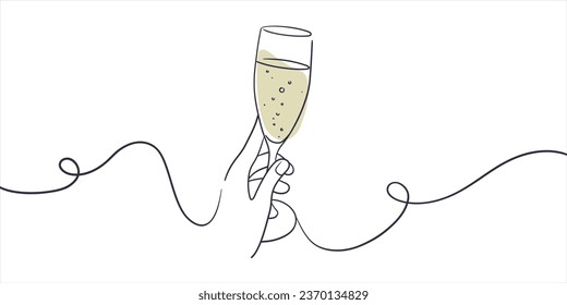 La línea continua de champán anima el arte de una línea, contorno continuo de dibujo. Tostadas a mano con copas de vino con bebidas. Saludos por la decoración festiva para las vacaciones. Ilustración del vector