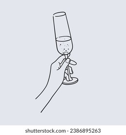 Continuous line champagne cheers one line art, continuous drawing contour on blue background. Wine glasses with drinks. Cheers toast festive decoration for holidays. Vector illustration